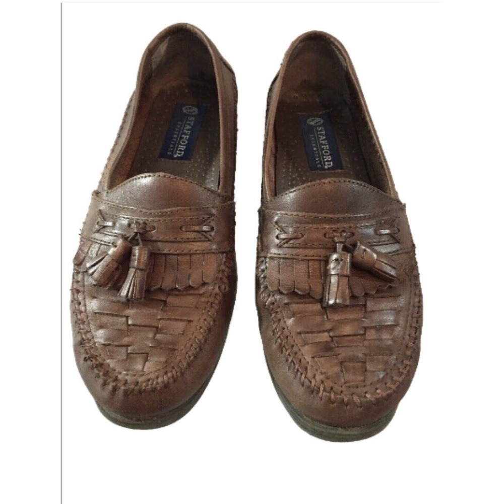 Vintage Y2K Stafford Loafers Men's 8M Brown Woven Leather Tassel Career Preppy